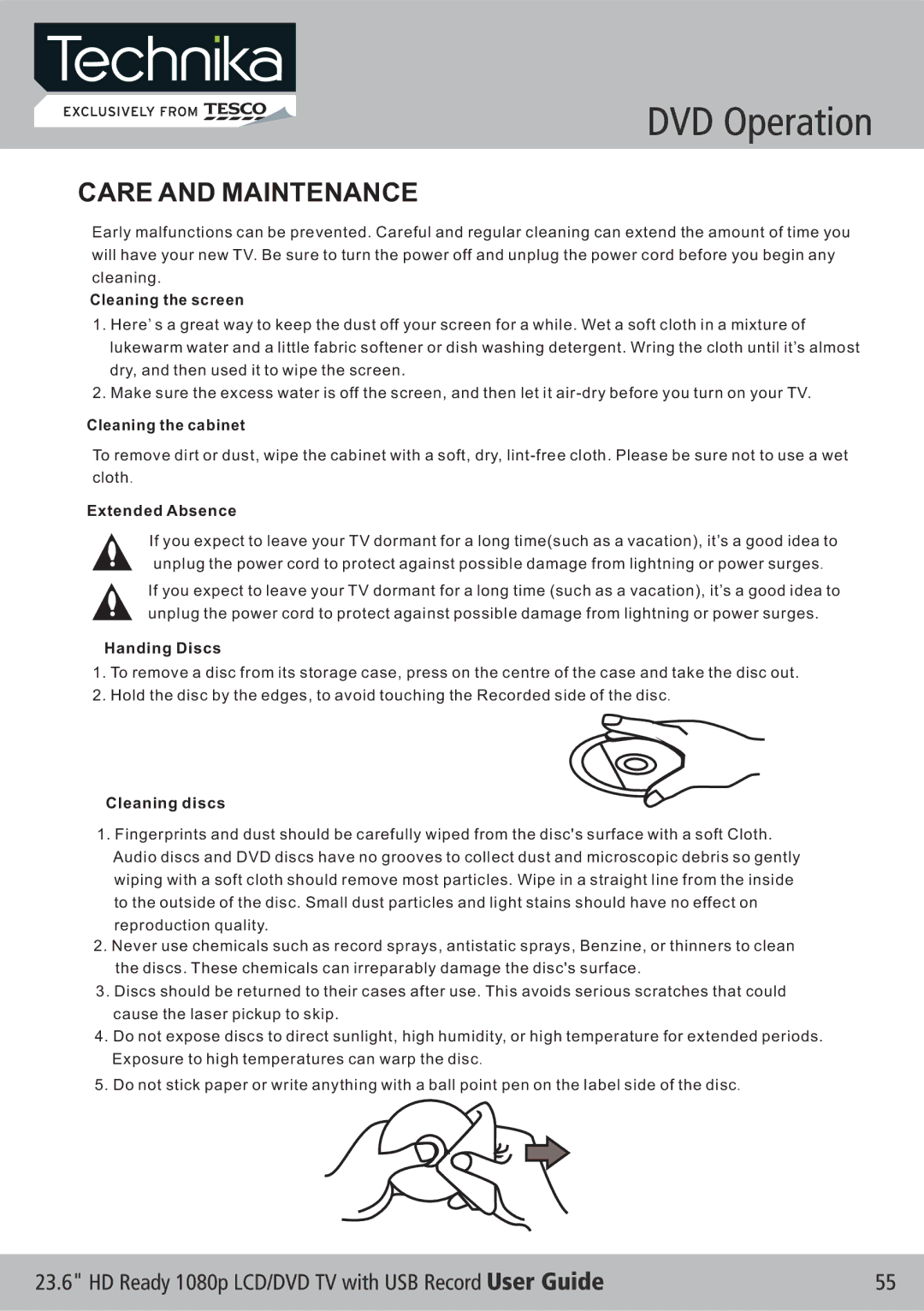 Technika LCD 24-621 manual Care and Maintenance, Cleaning the screen 