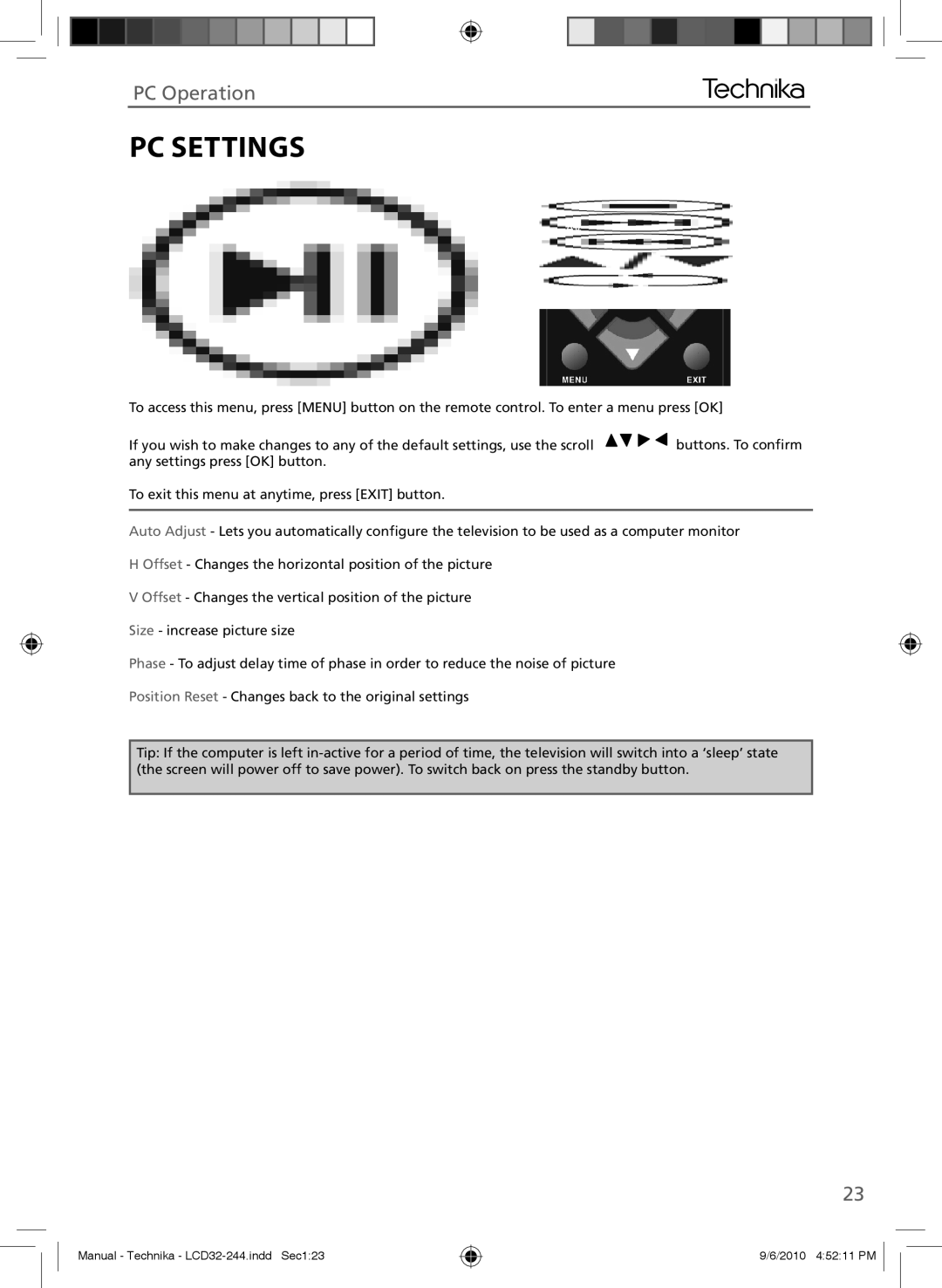 Technika LCD 32-244 manual PC Settings 