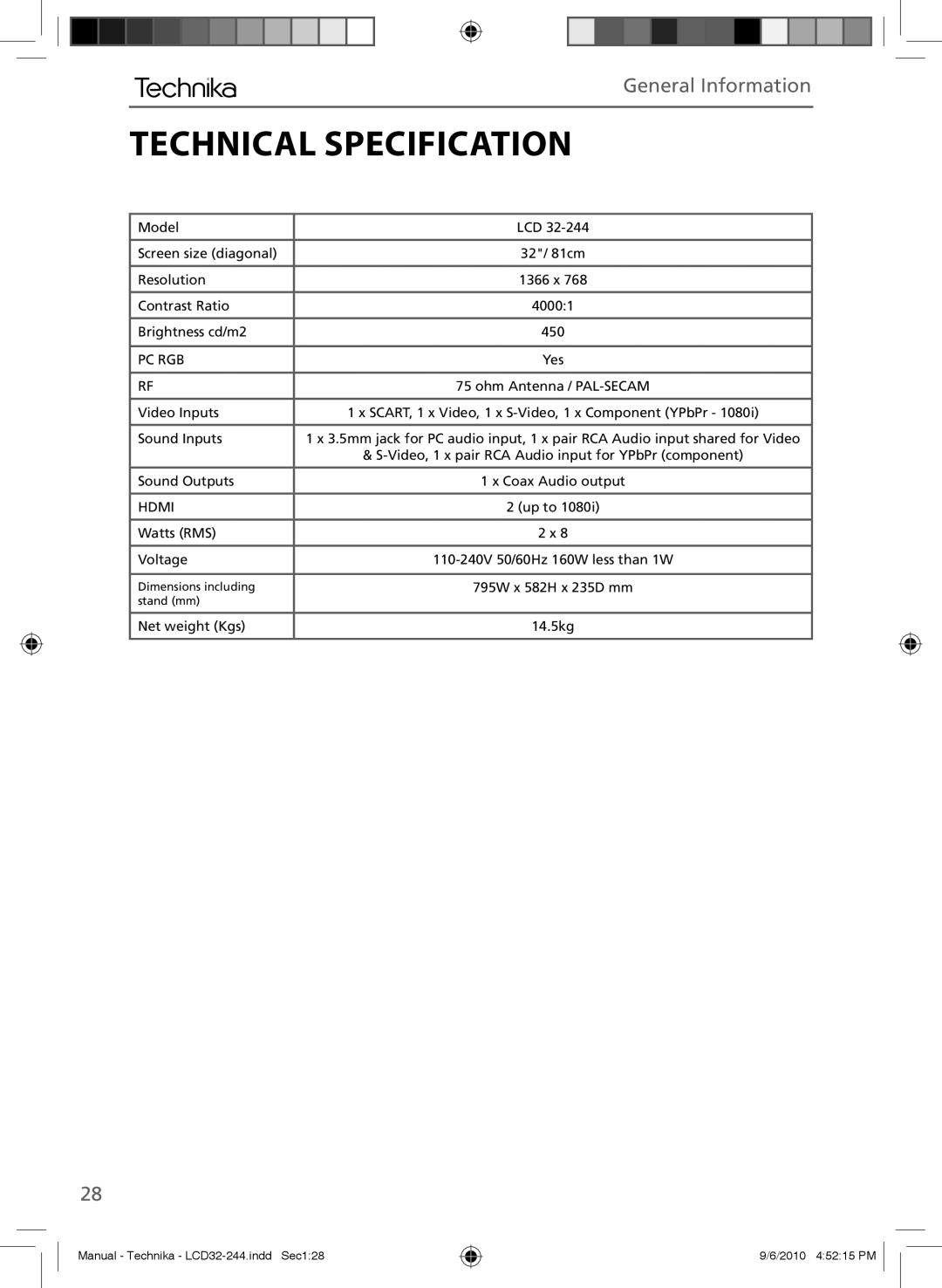 Technika LCD 32-244 manual Technical Specification, Pc Rgb 