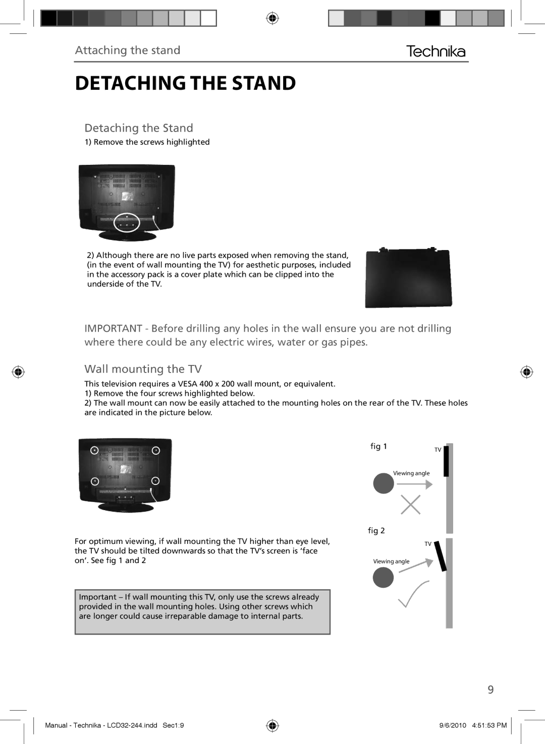 Technika LCD 32-244 manual Detaching the Stand, Attaching the stand, Wall mounting the TV 