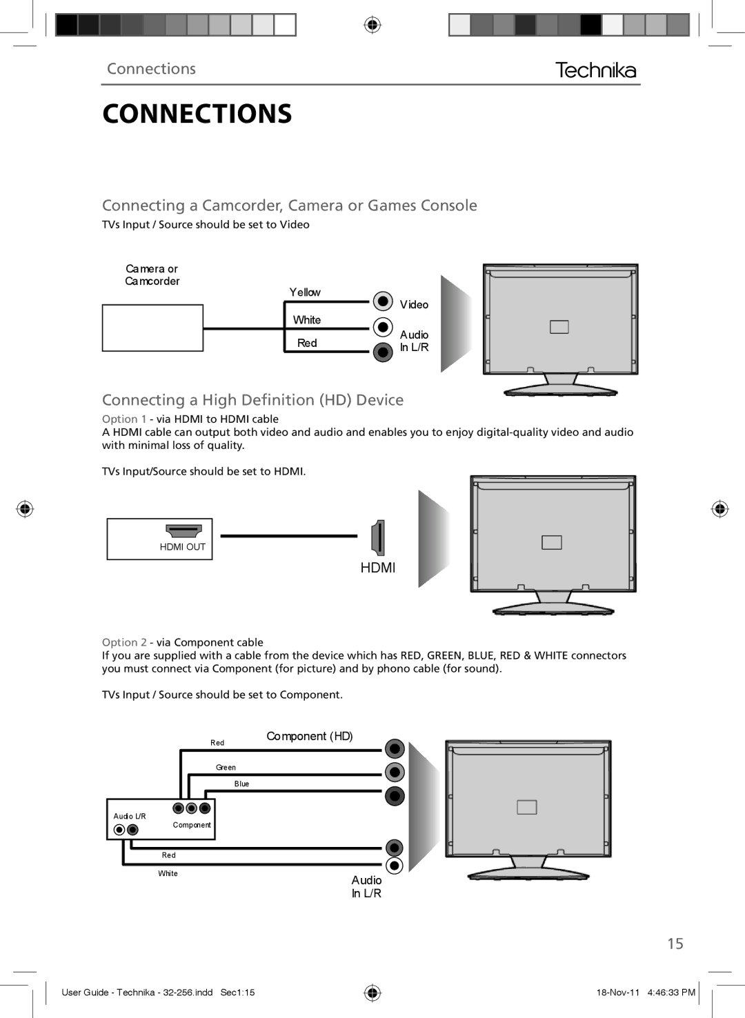 Technika LCD 32-256 manual Connecting a Camcorder, Camera or Games Console, Connecting a High Deﬁnition HD Device 