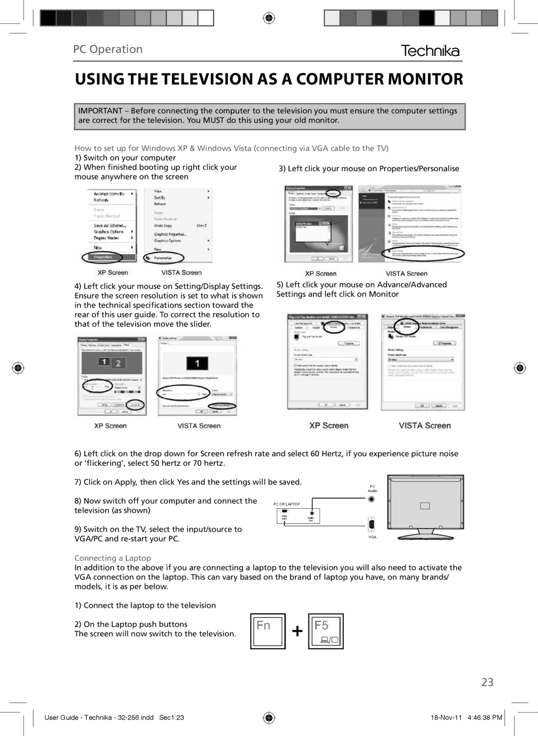 Technika LCD 32-256 manual Using the Television AS a Computer Monitor, PC Operation 