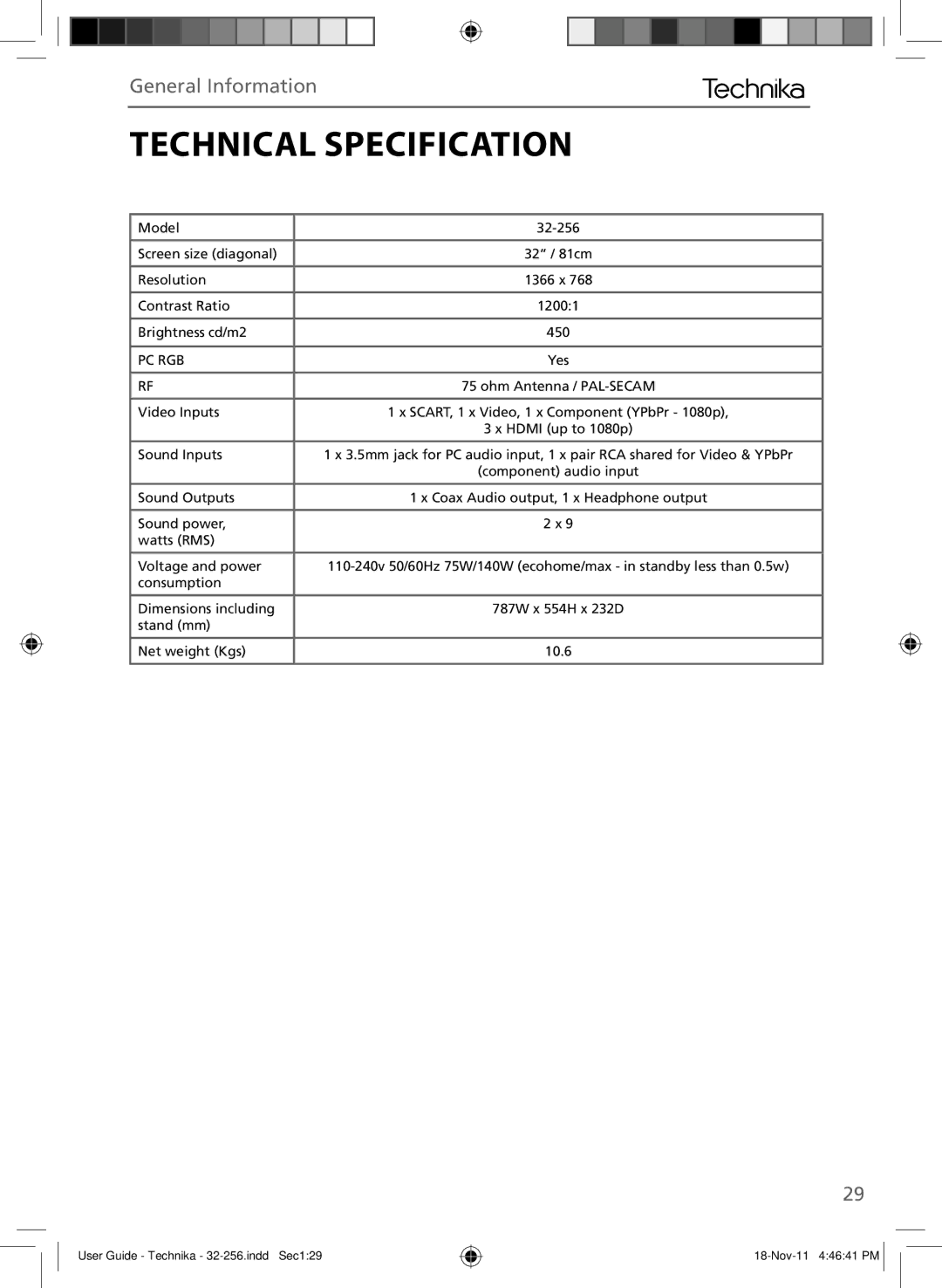 Technika LCD 32-256 manual Technical Specification, Pc Rgb 