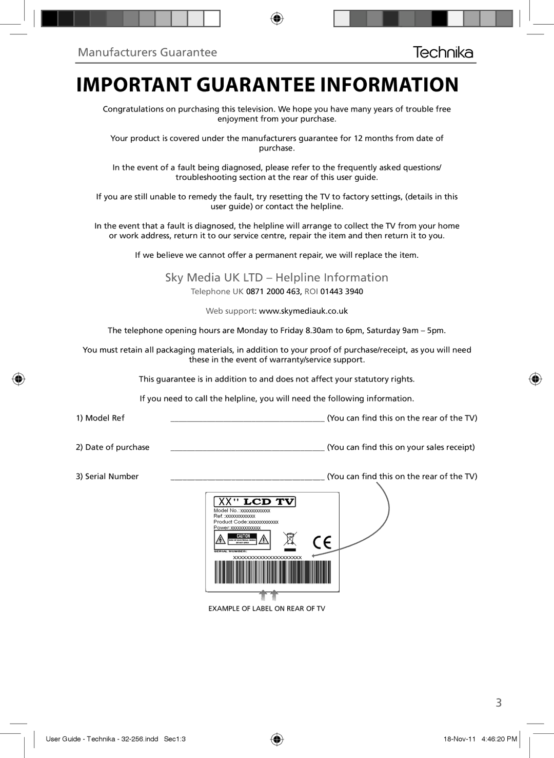 Technika LCD 32-256 manual Important Guarantee Information, Manufacturers Guarantee 