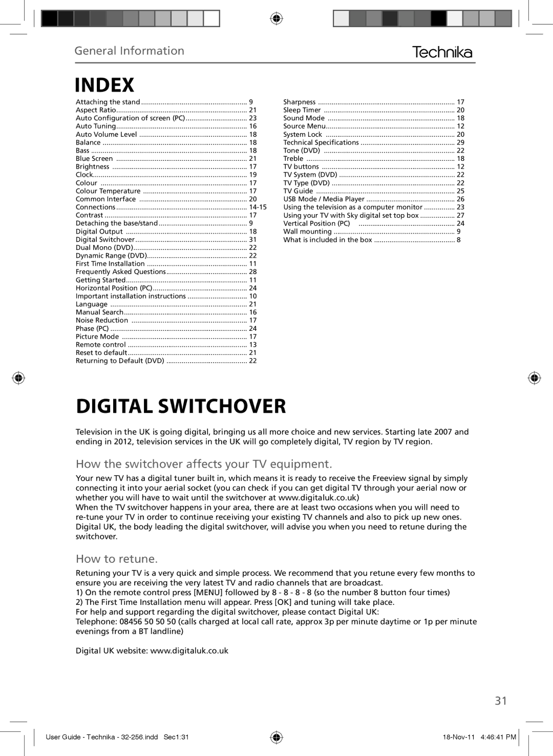 Technika LCD 32-256 manual Index, Digital Switchover, How the switchover affects your TV equipment, How to retune 