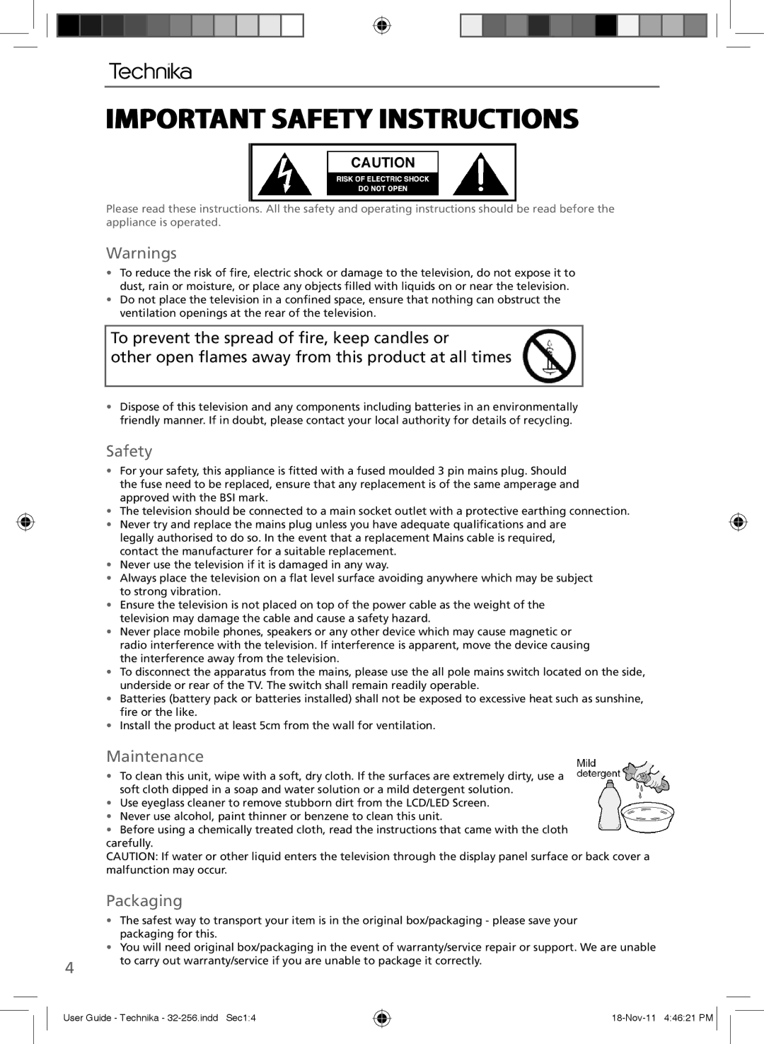 Technika LCD 32-256 manual Important Safety Instructions, Maintenance, Packaging 