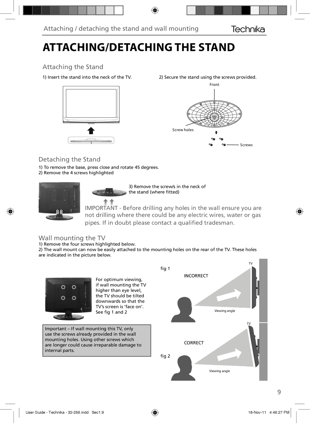 Technika LCD 32-256 ATTACHING/DETACHING the Stand, Attaching / detaching the stand and wall mounting, Attaching the Stand 