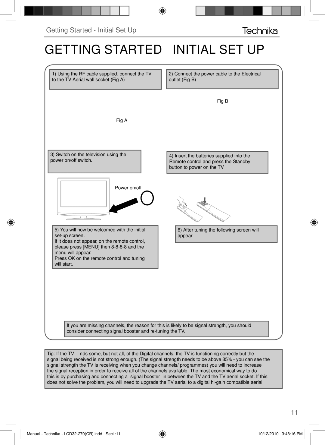 Technika LCD 32-270 manual Getting Started  Initial SET UP 