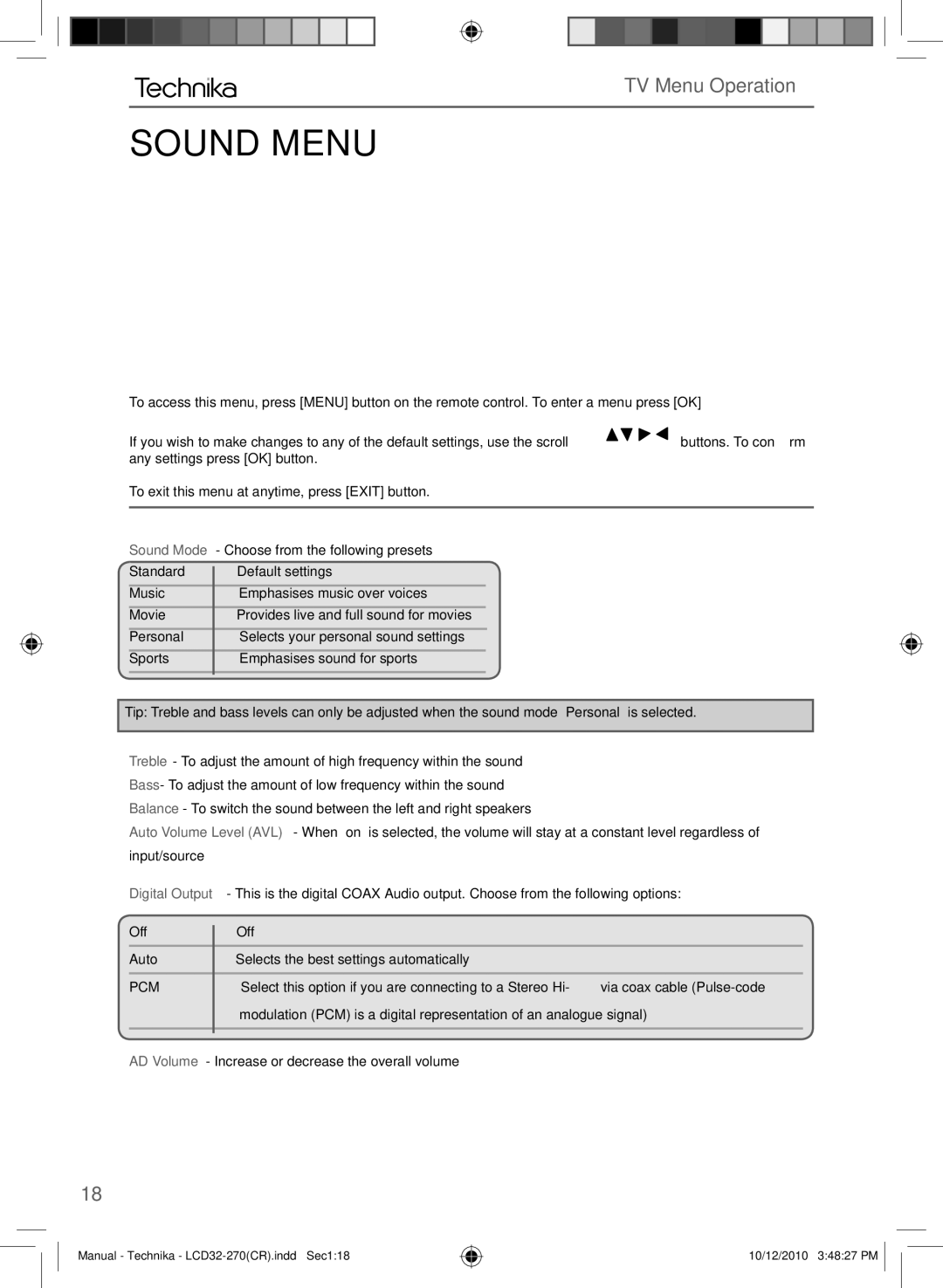 Technika LCD 32-270 manual Sound Menu, Pcm 