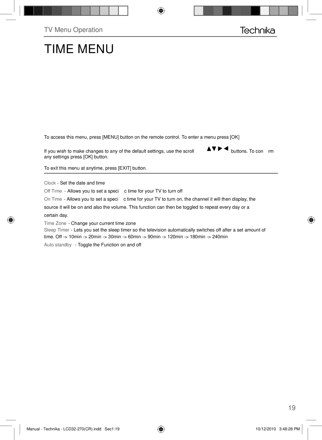 Technika LCD 32-270 manual Time Menu 