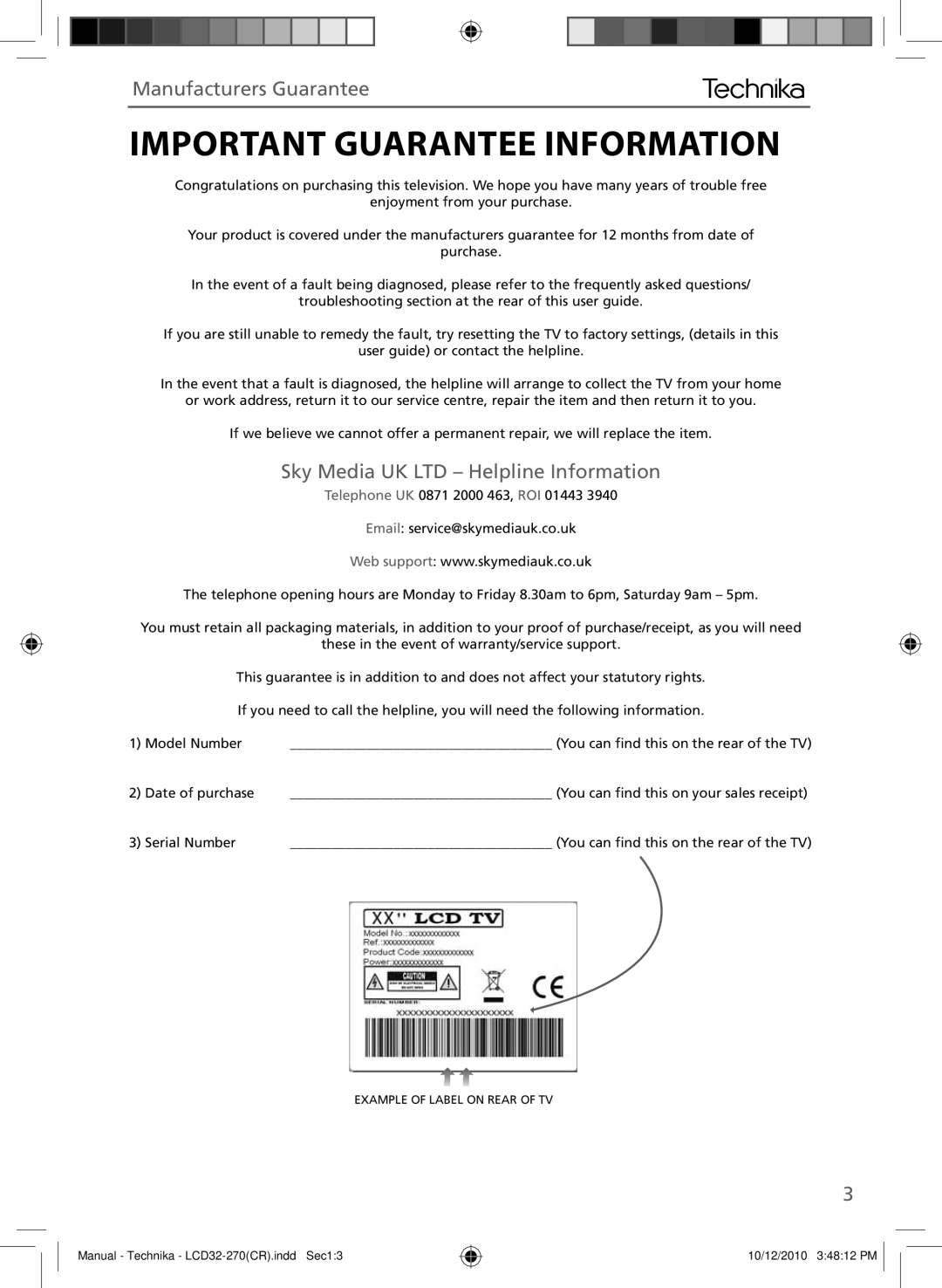 Technika LCD 32-270 manual Important Guarantee Information, Serial Number 