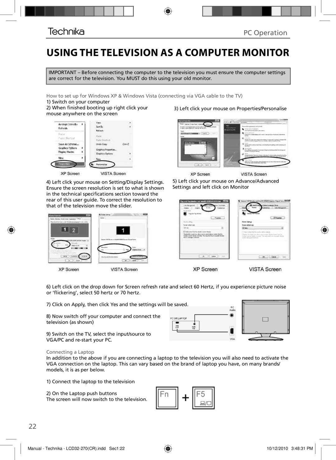 Technika LCD 32-270 manual Using the Television AS a Computer Monitor 