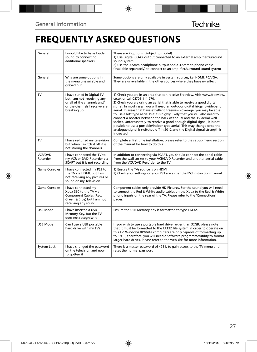 Technika LCD 32-270 manual Frequently Asked Questions, Vcr/Dvd 