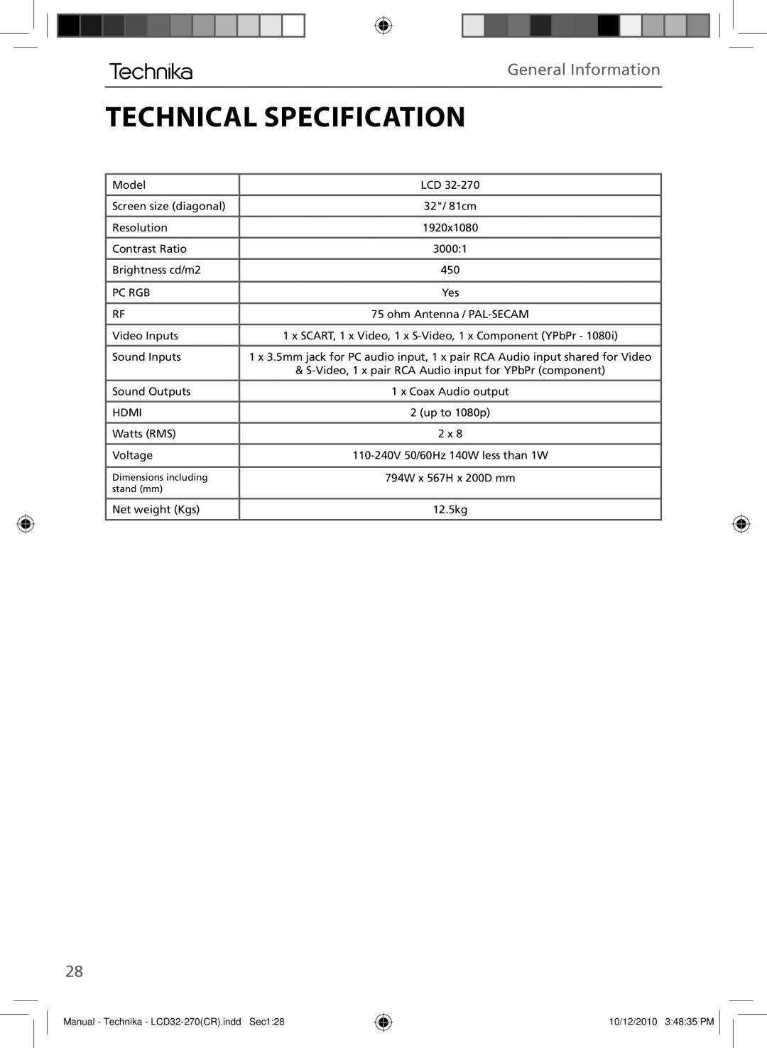 Technika LCD 32-270 manual Technical Specification, Pc Rgb 