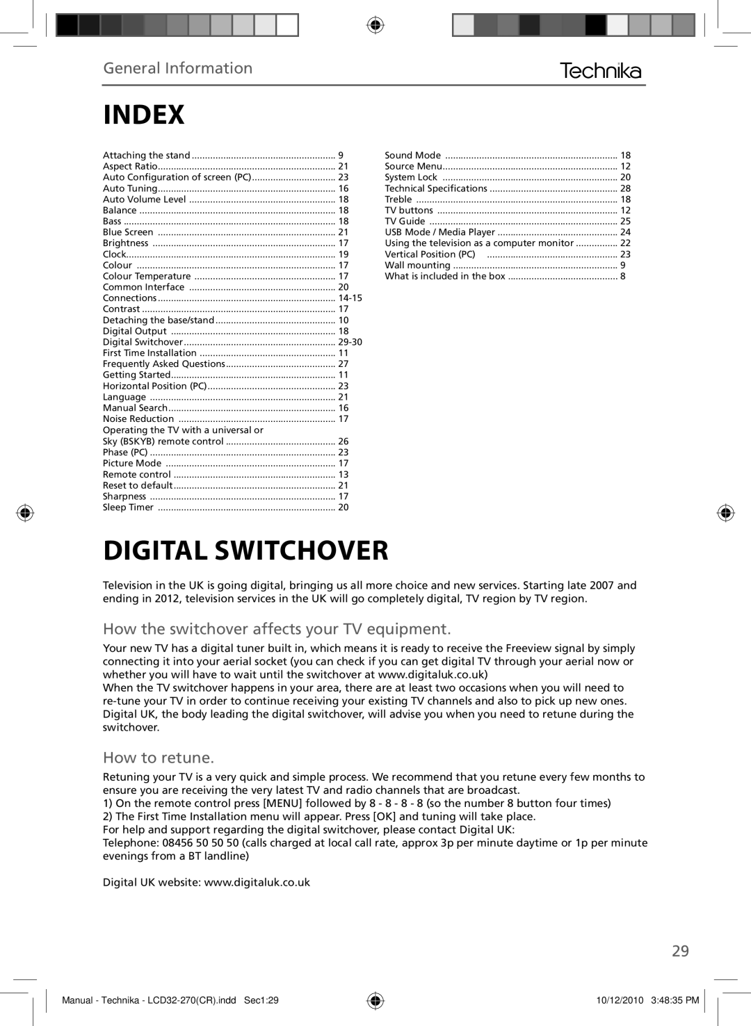 Technika LCD 32-270 manual Index, Digital Switchover 