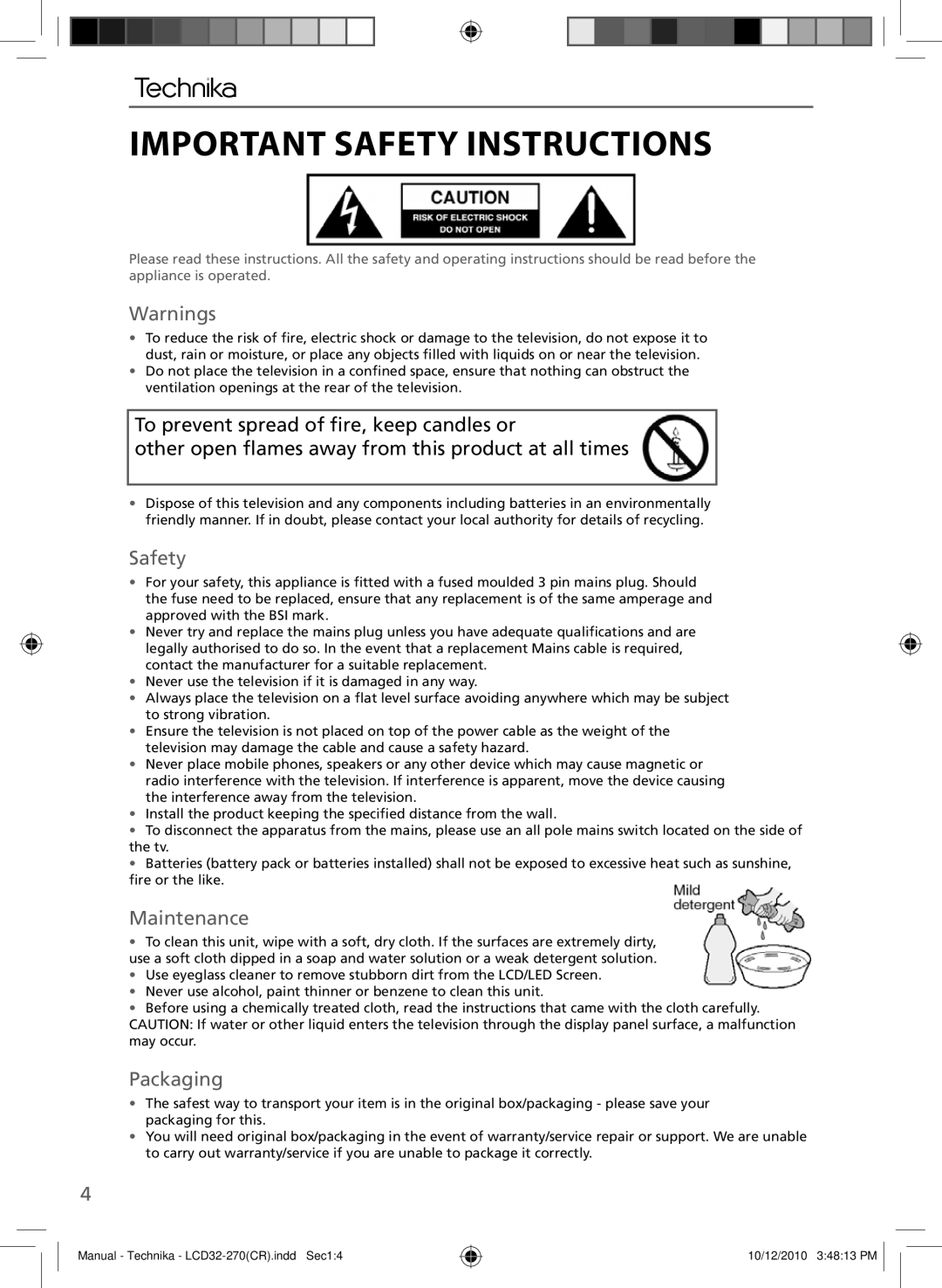 Technika LCD 32-270 manual Important Safety Instructions 