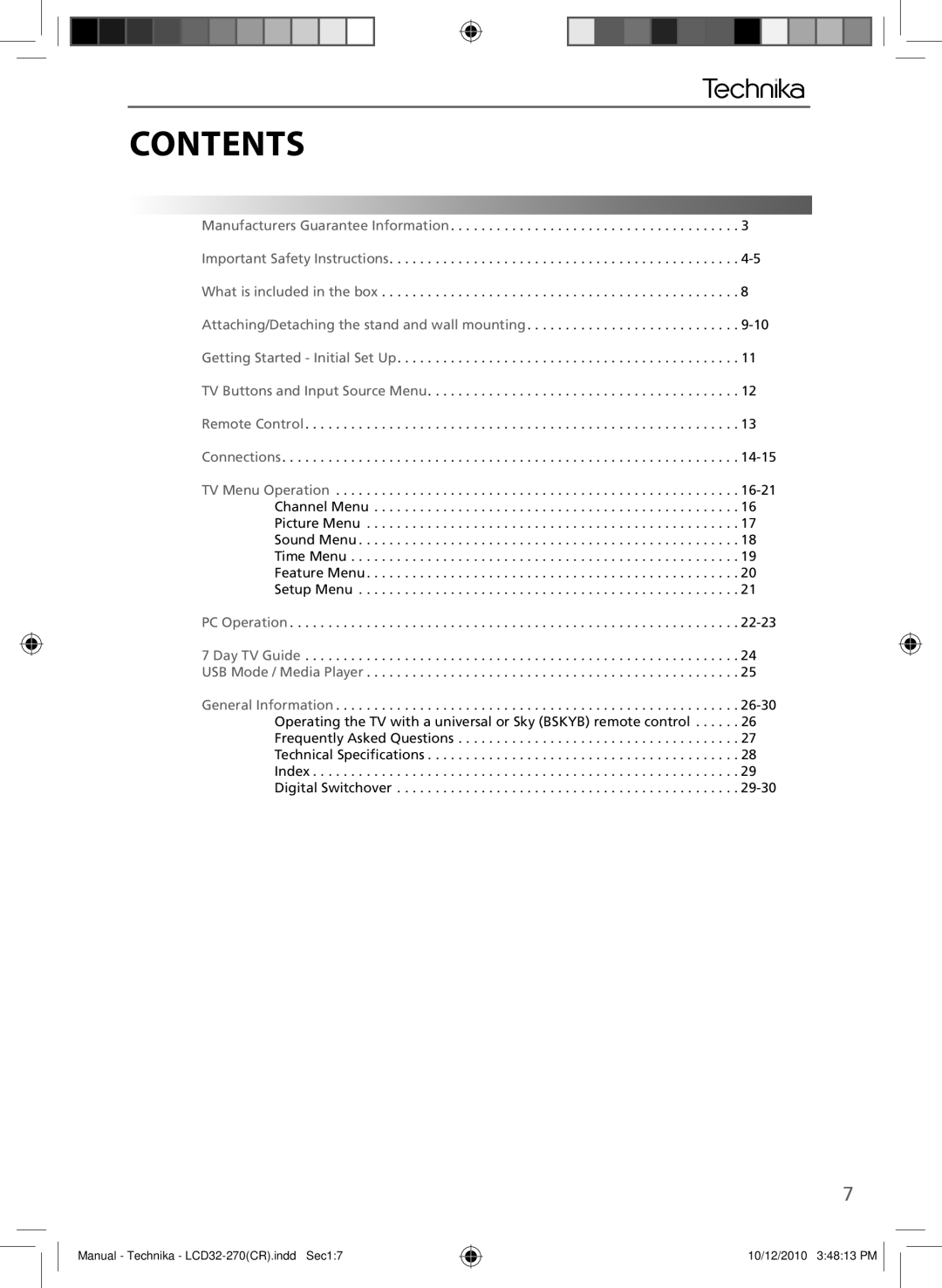 Technika LCD 32-270 manual Contents 