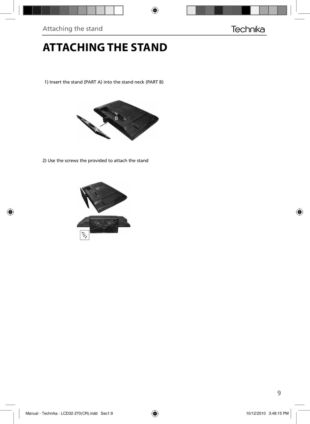 Technika LCD 32-270 manual Attaching the Stand 