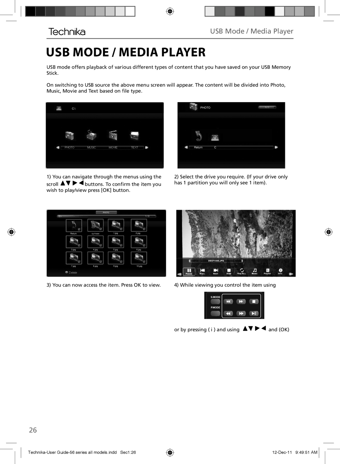 Technika LCD 32-56D, LCD 32-56L, LCD 26-56D manual USB Mode / Media Player 