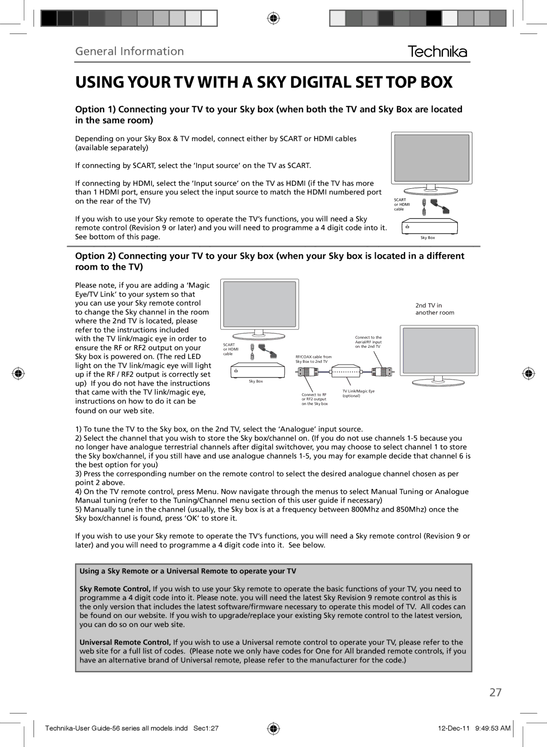 Technika LCD 26-56D, LCD 32-56D, LCD 32-56L manual Using Your TV with a SKY Digital SET TOP BOX, General Information 