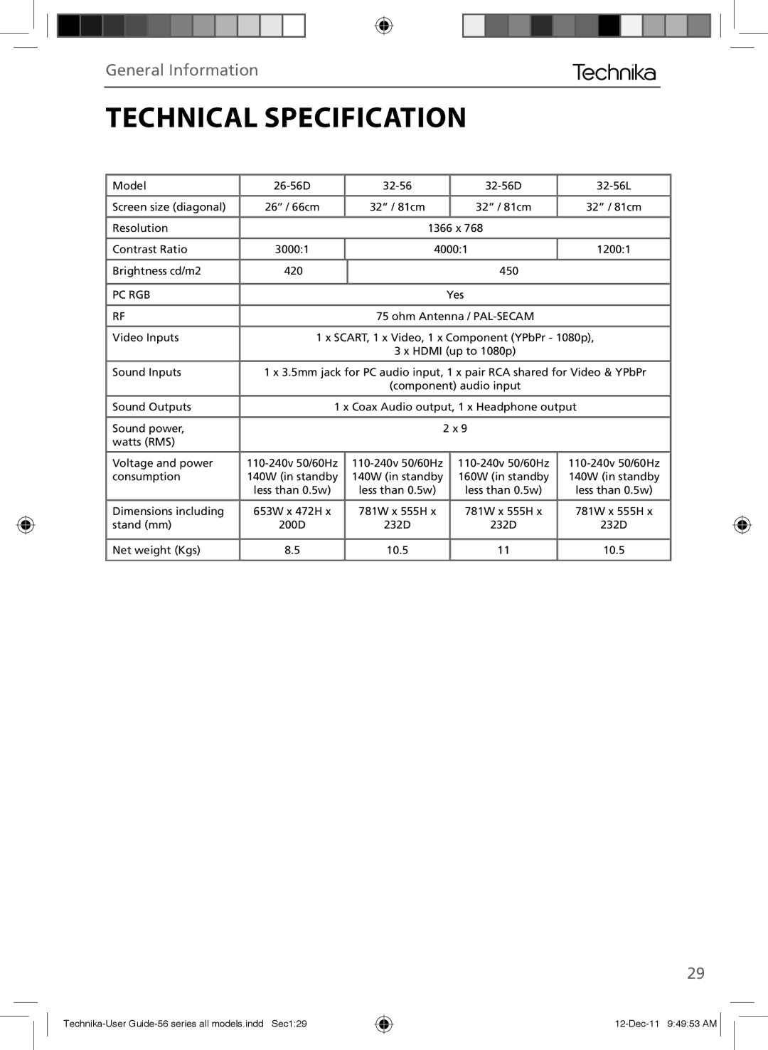 Technika LCD 32-56L, LCD 32-56D, LCD 26-56D manual Technical Specification, Pc Rgb 