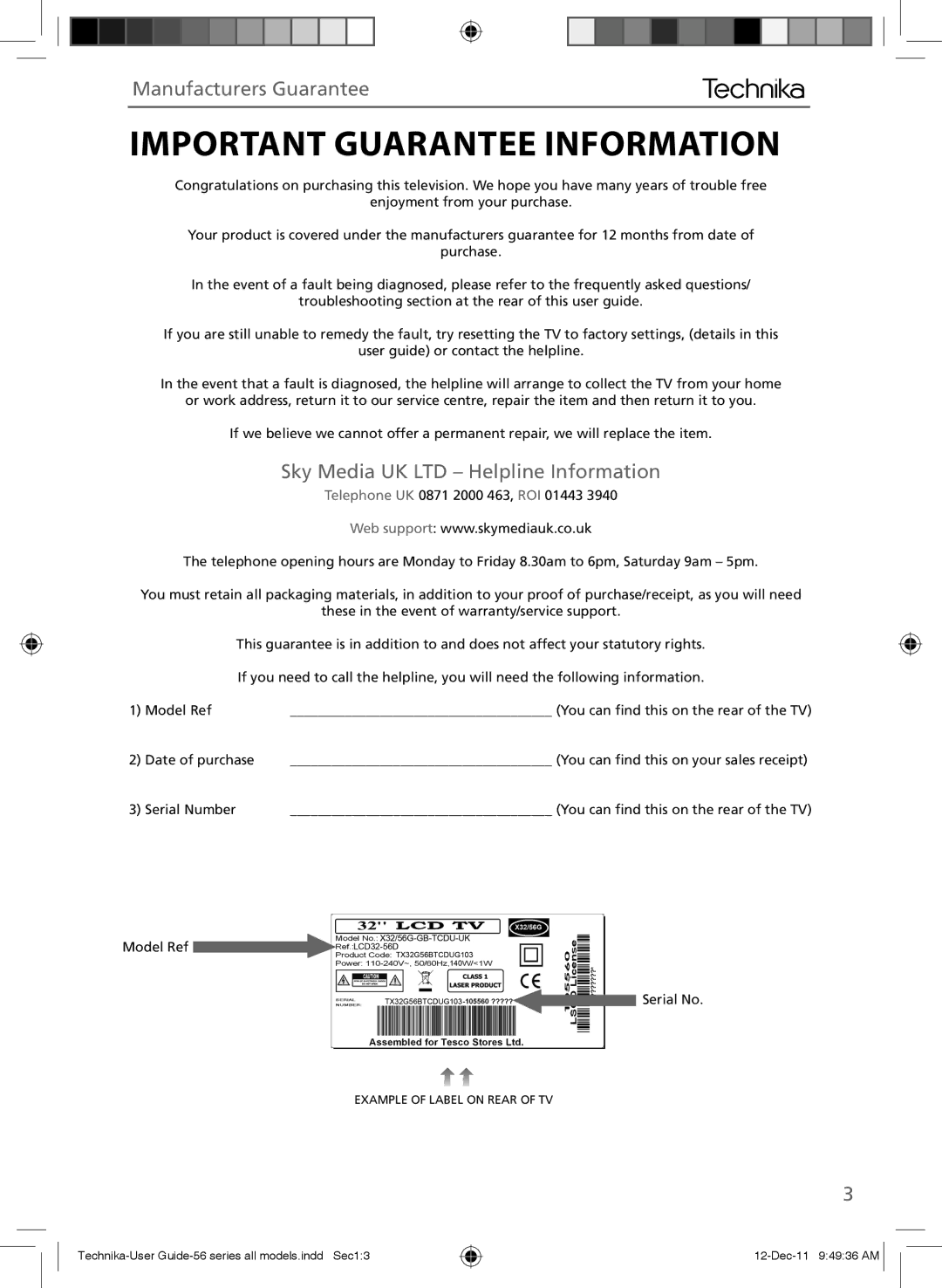 Technika LCD 26-56D, LCD 32-56D, LCD 32-56L manual Important Guarantee Information, Manufacturers Guarantee 