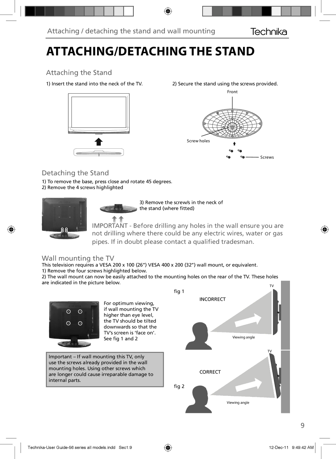 Technika LCD 32-56L ATTACHING/DETACHING the Stand, Attaching / detaching the stand and wall mounting, Attaching the Stand 