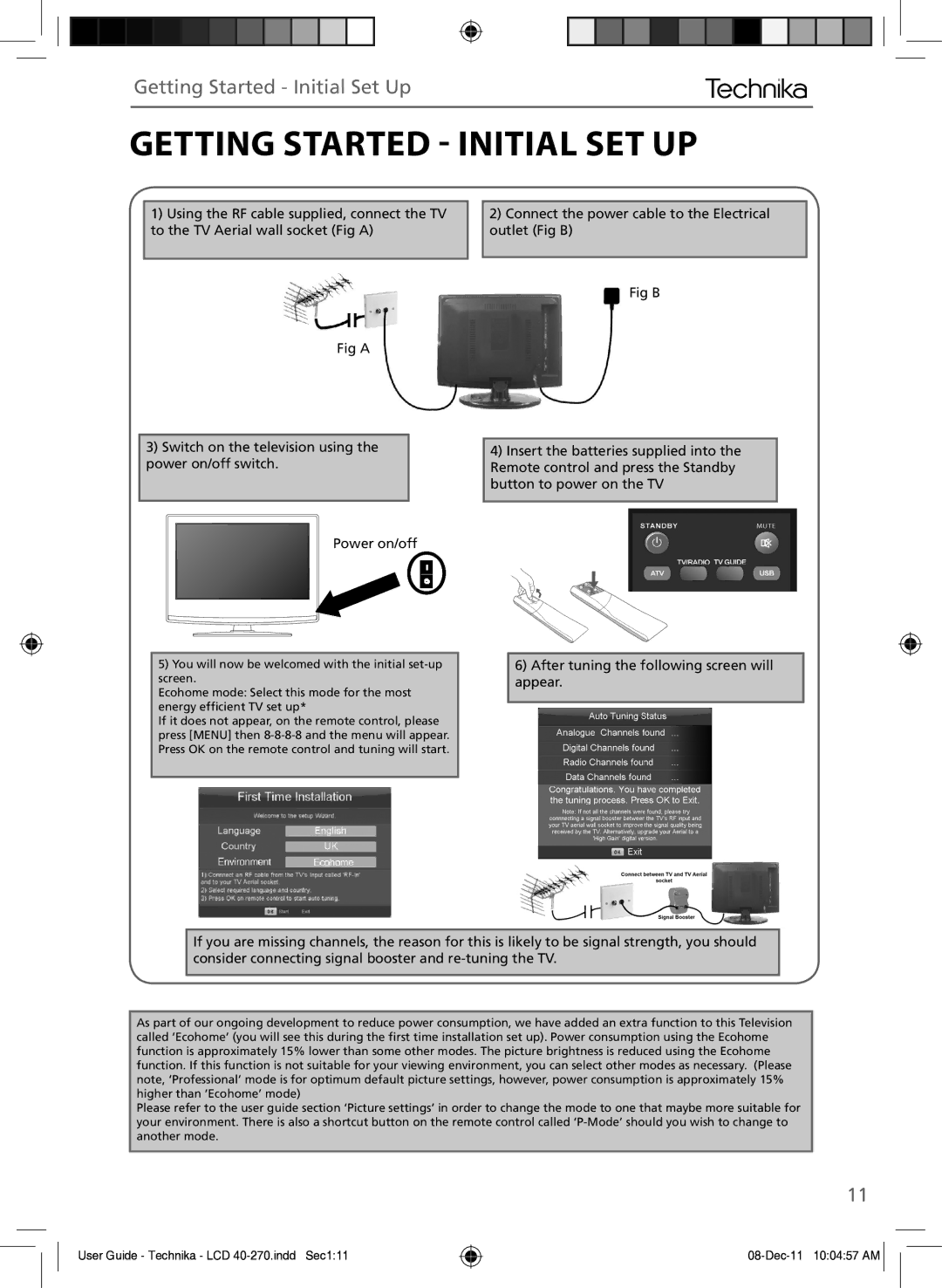 Technika LCD 40-270 manual Getting Started  Initial SET UP, Getting Started Initial Set Up 