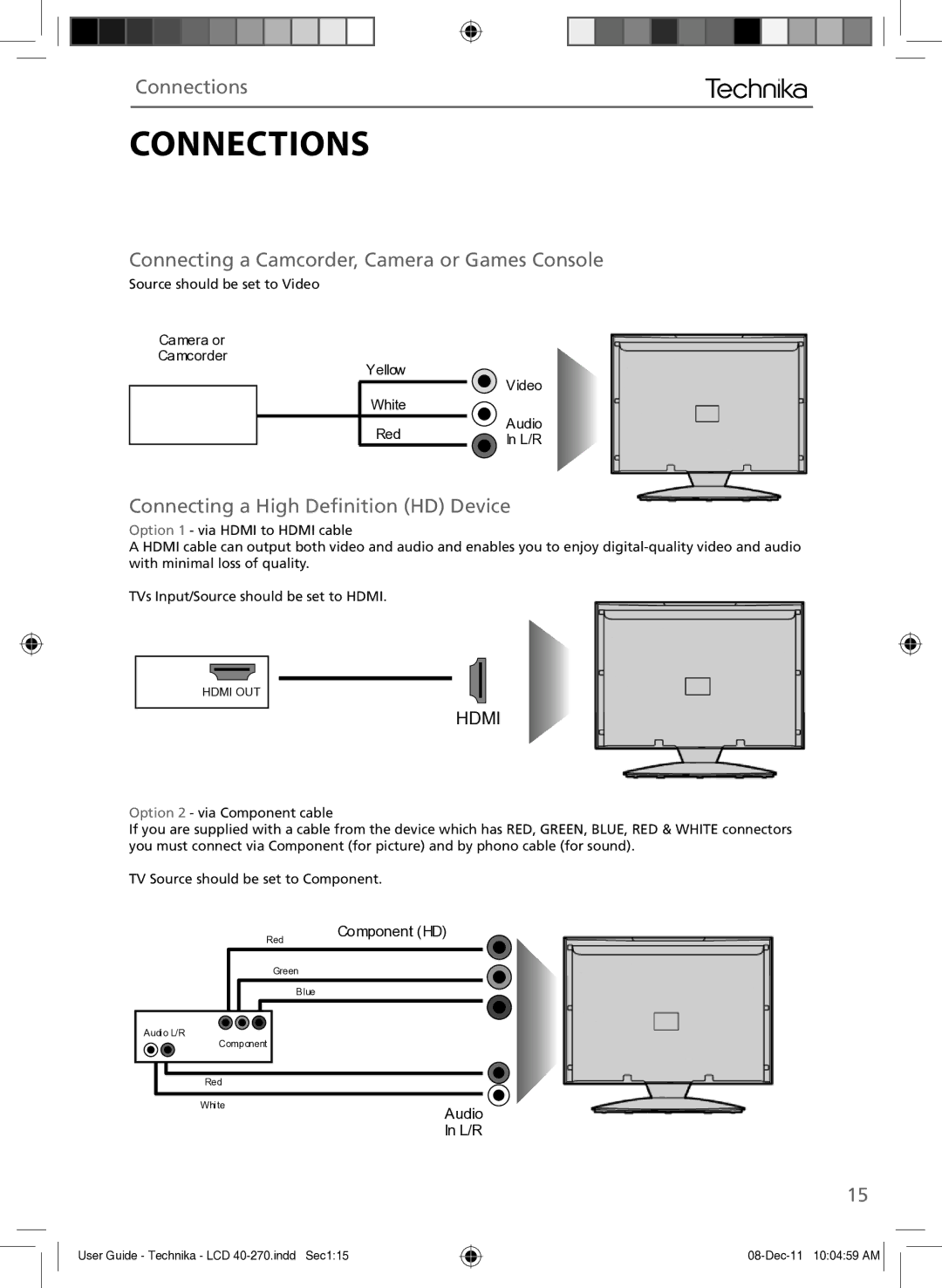 Technika LCD 40-270 Connections, Connecting a Camcorder, Camera or Games Console, Connecting a High Deﬁnition HD Device 