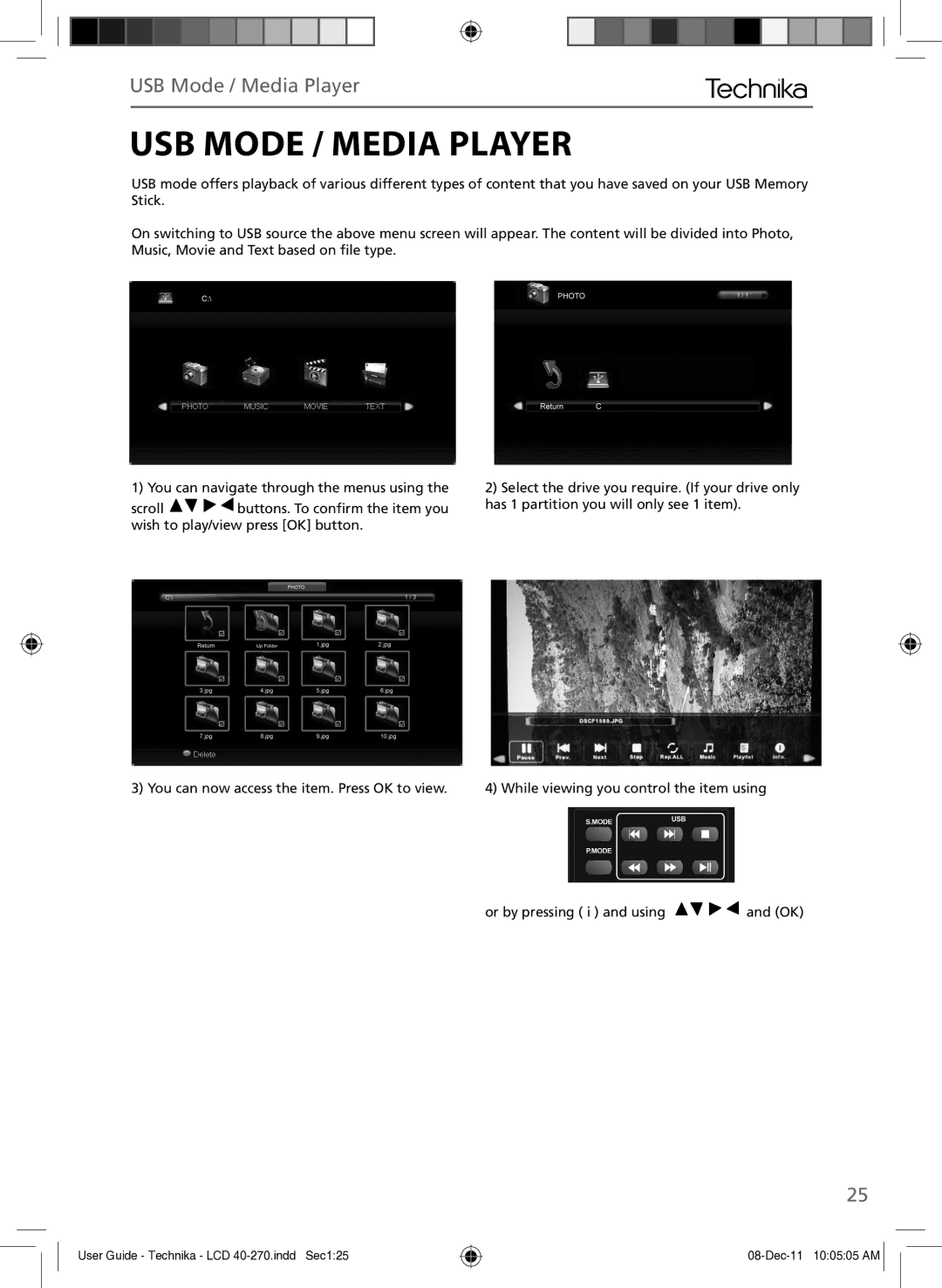 Technika LCD 40-270 manual USB Mode / Media Player 