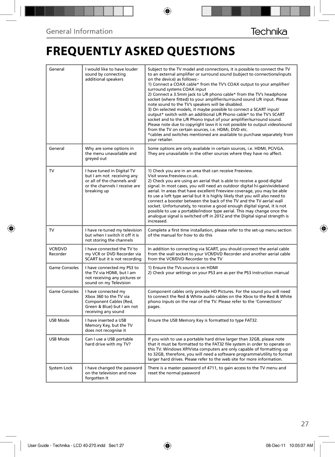 Technika LCD 40-270 manual Frequently Asked Questions, Vcr/Dvd 