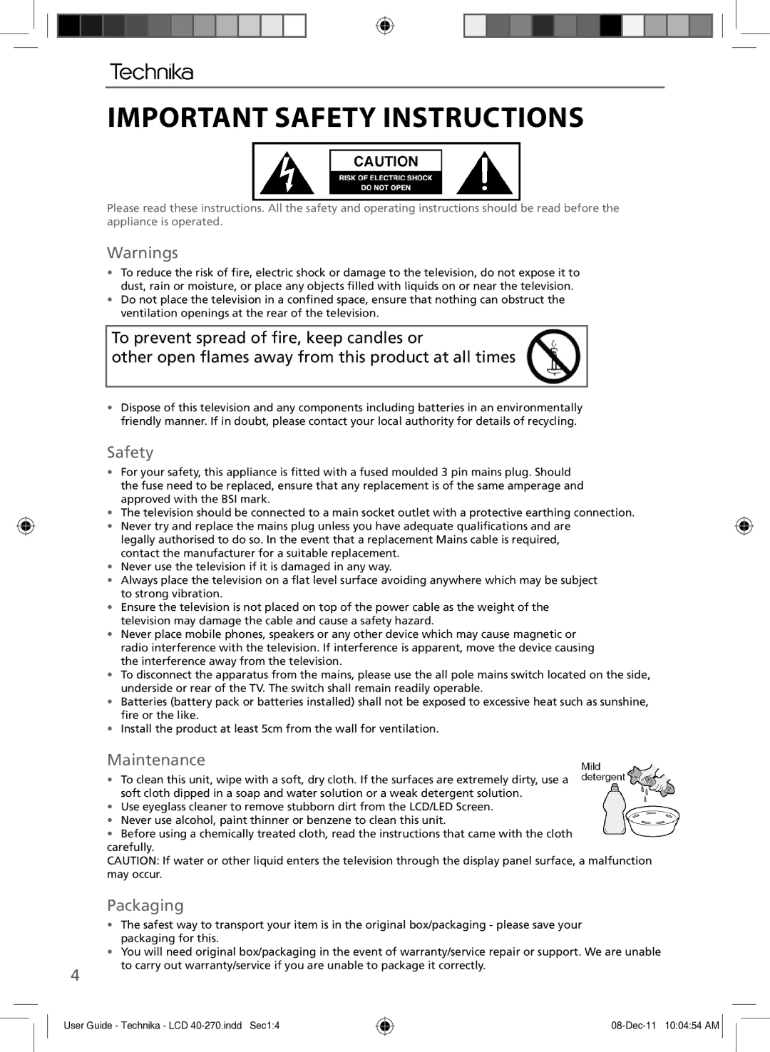 Technika LCD 40-270 manual Important Safety Instructions, Maintenance, Packaging 