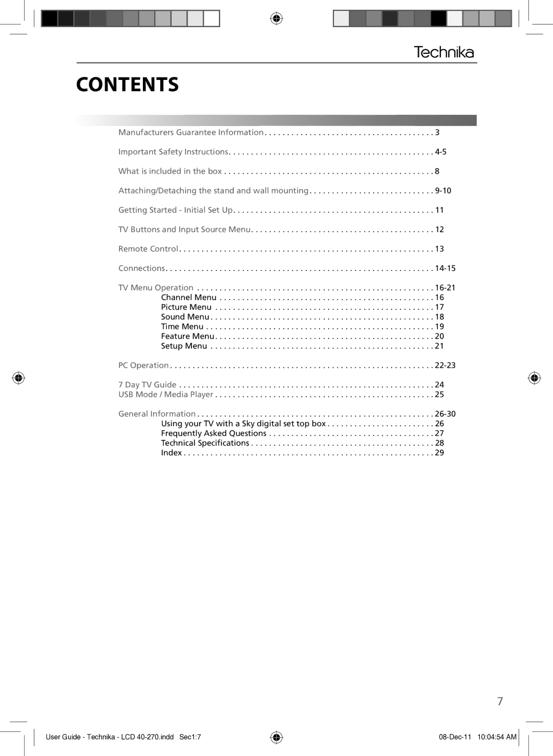 Technika LCD 40-270 manual Contents 