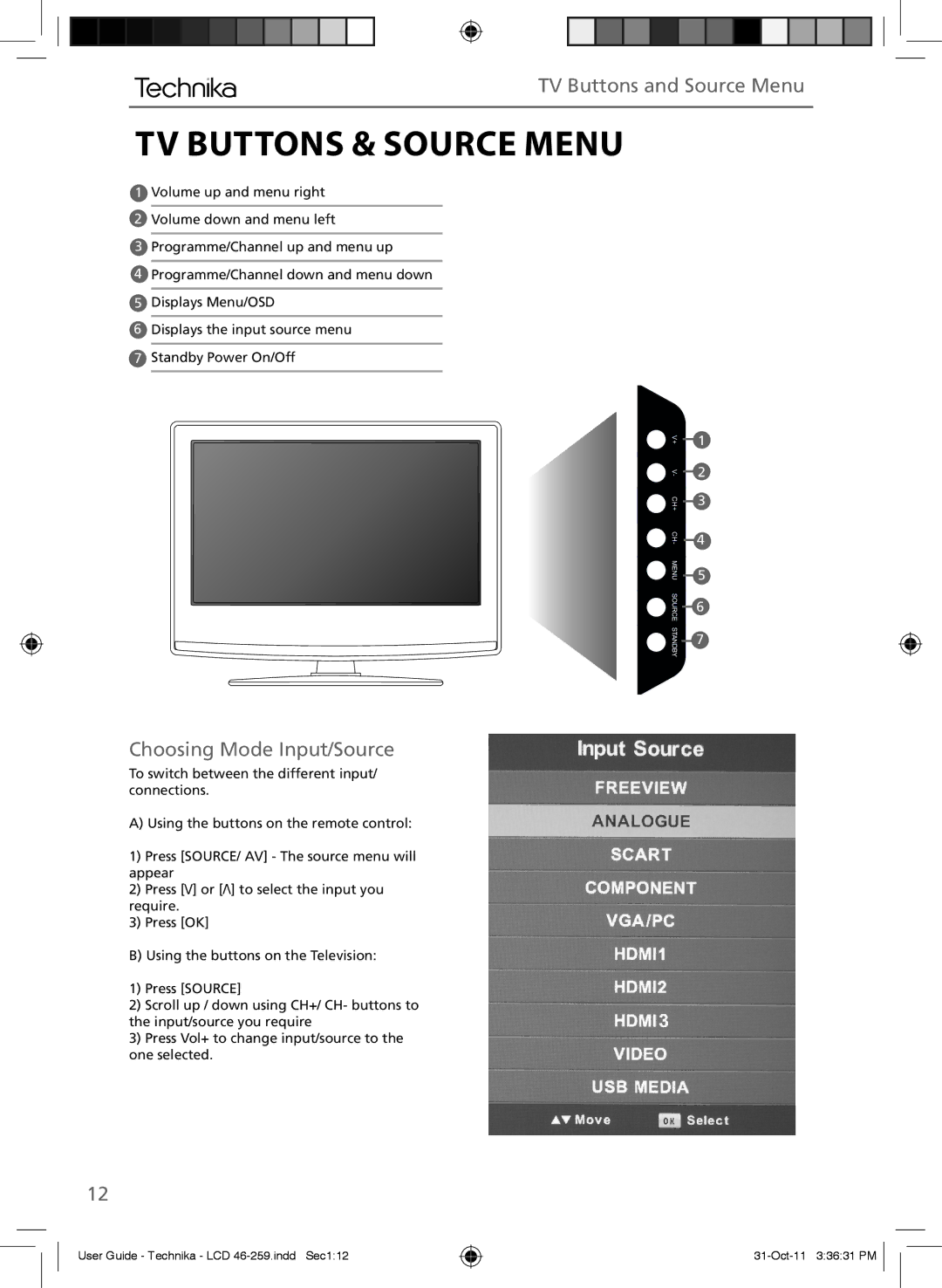 Technika LCD 46-259 manual TV Buttons & Source Menu, TV Buttons and Source Menu, Choosing Mode Input/Source 