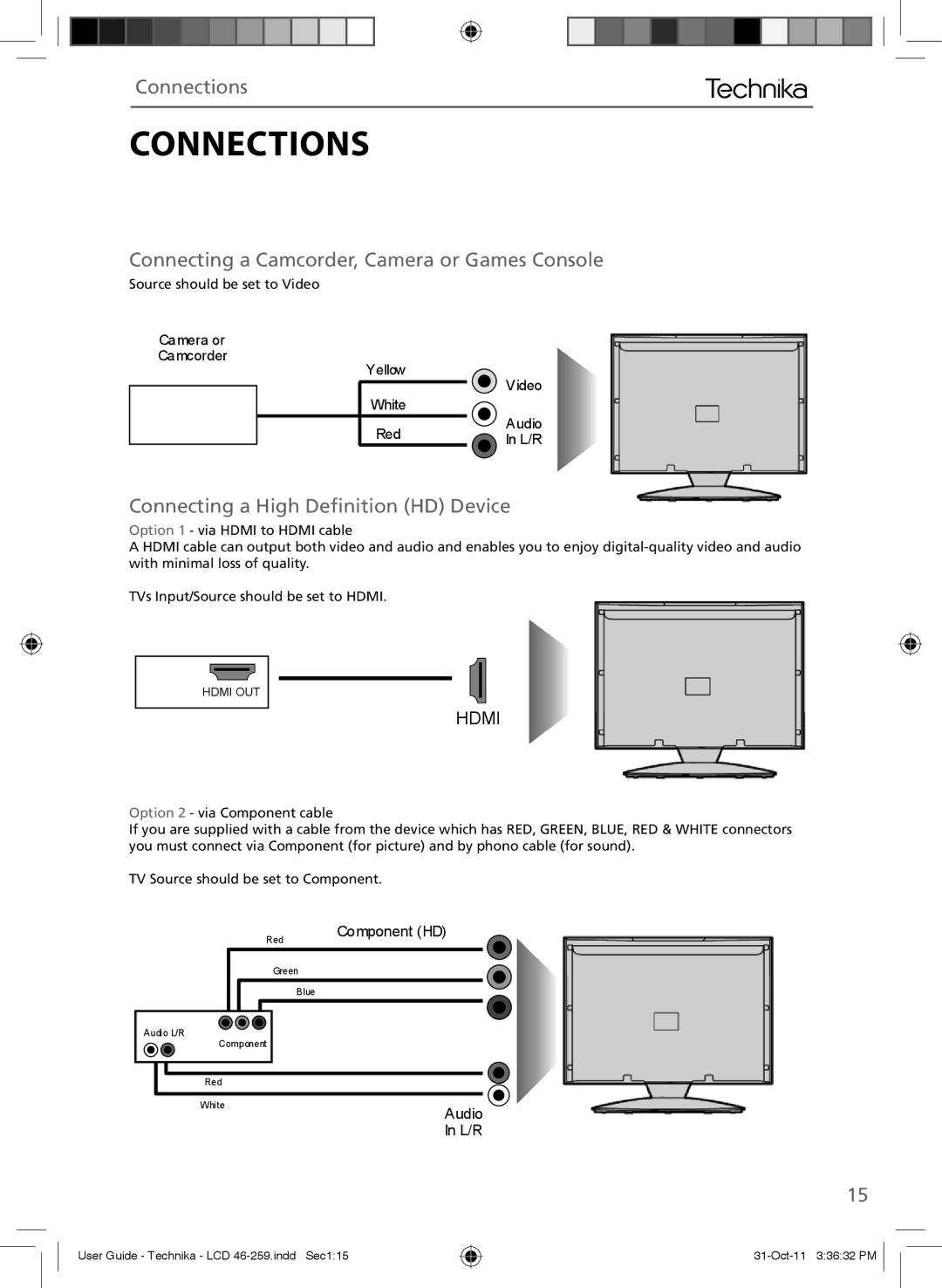 Technika LCD 46-259 Connections, Connecting a Camcorder, Camera or Games Console, Connecting a High Deﬁnition HD Device 