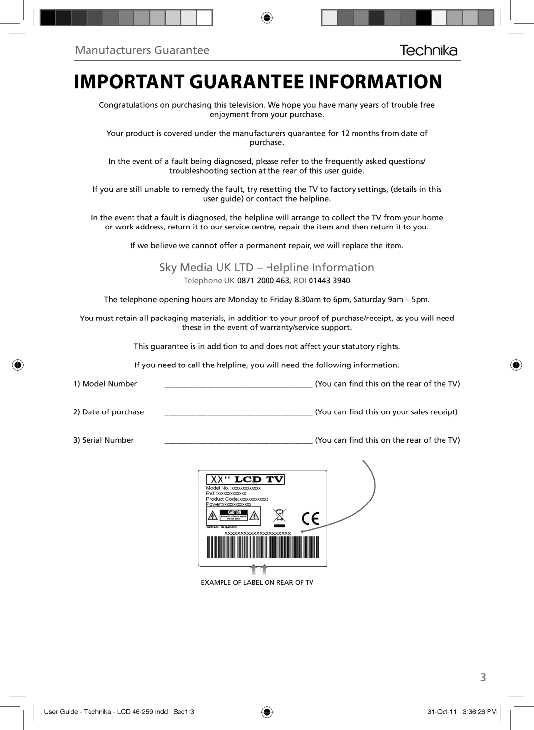 Technika LCD 46-259 manual Important Guarantee Information, Manufacturers Guarantee 