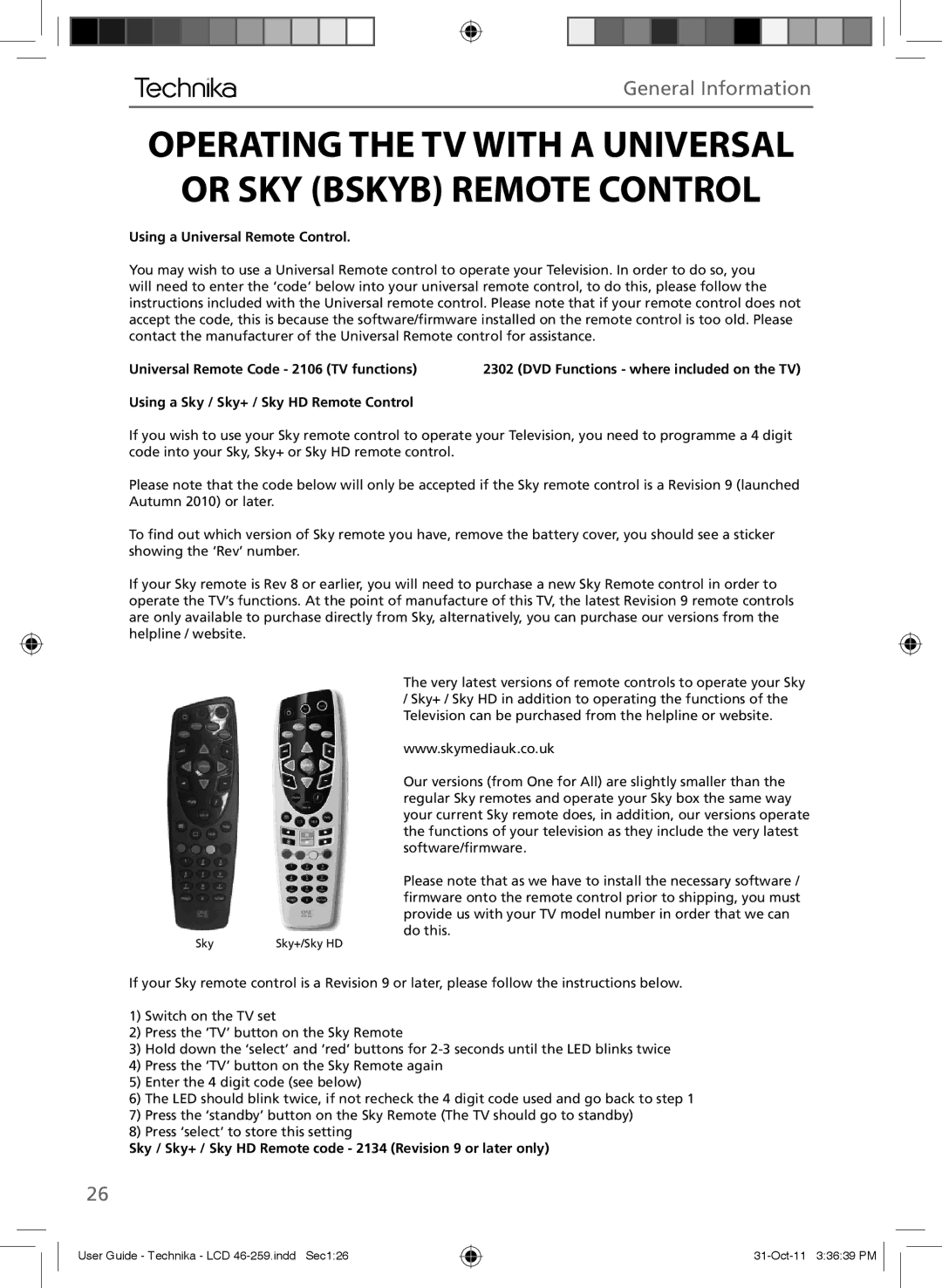 Technika LCD 46-259 manual General Information, Using a Universal Remote Control 