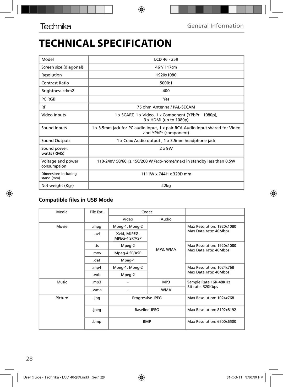 Technika LCD 46-259 manual Technical Specification, Pc Rgb 