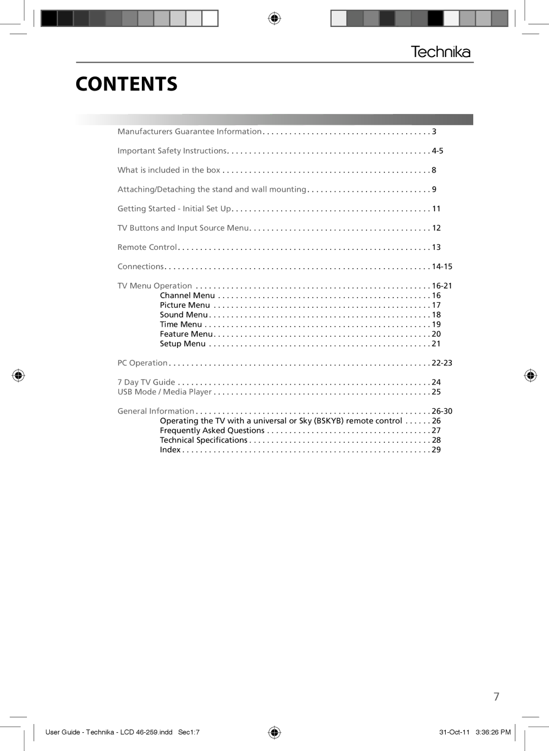 Technika LCD 46-259 manual Contents 