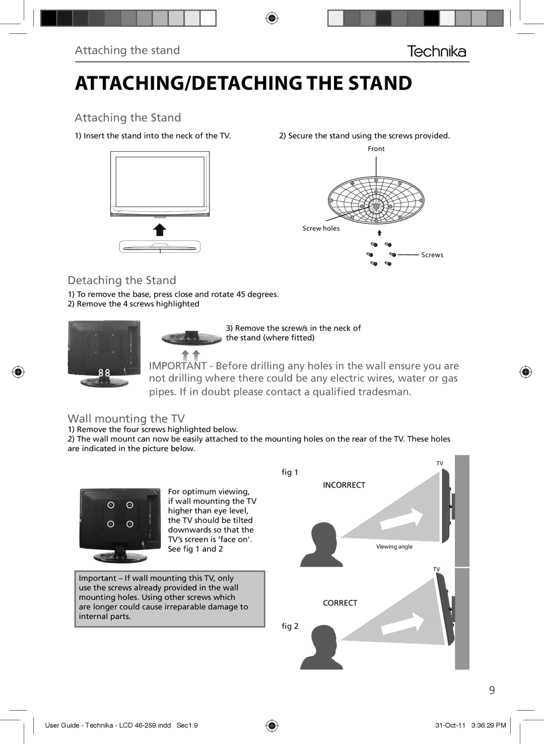 Technika LCD 46-259 manual ATTACHING/DETACHING the Stand, Attaching the stand, Detaching the Stand, Wall mounting the TV 