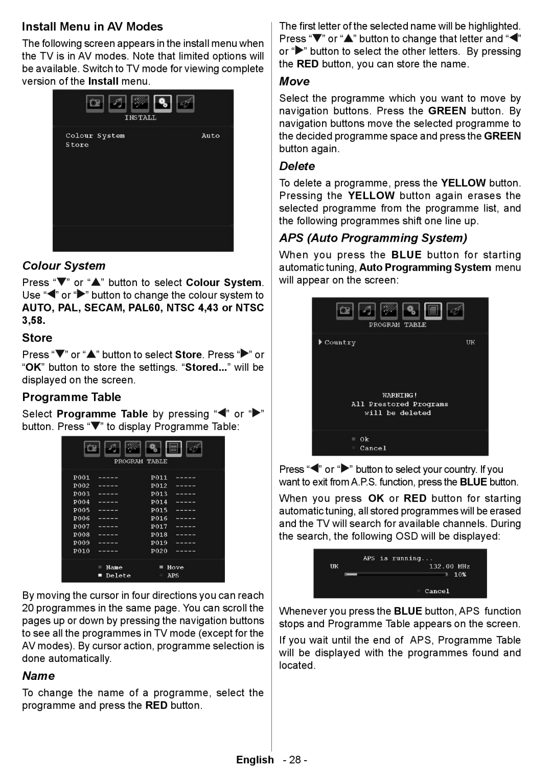 Technika LCD19-915 manual Colour System, Name, Move, Delete, APS Auto Programming System 