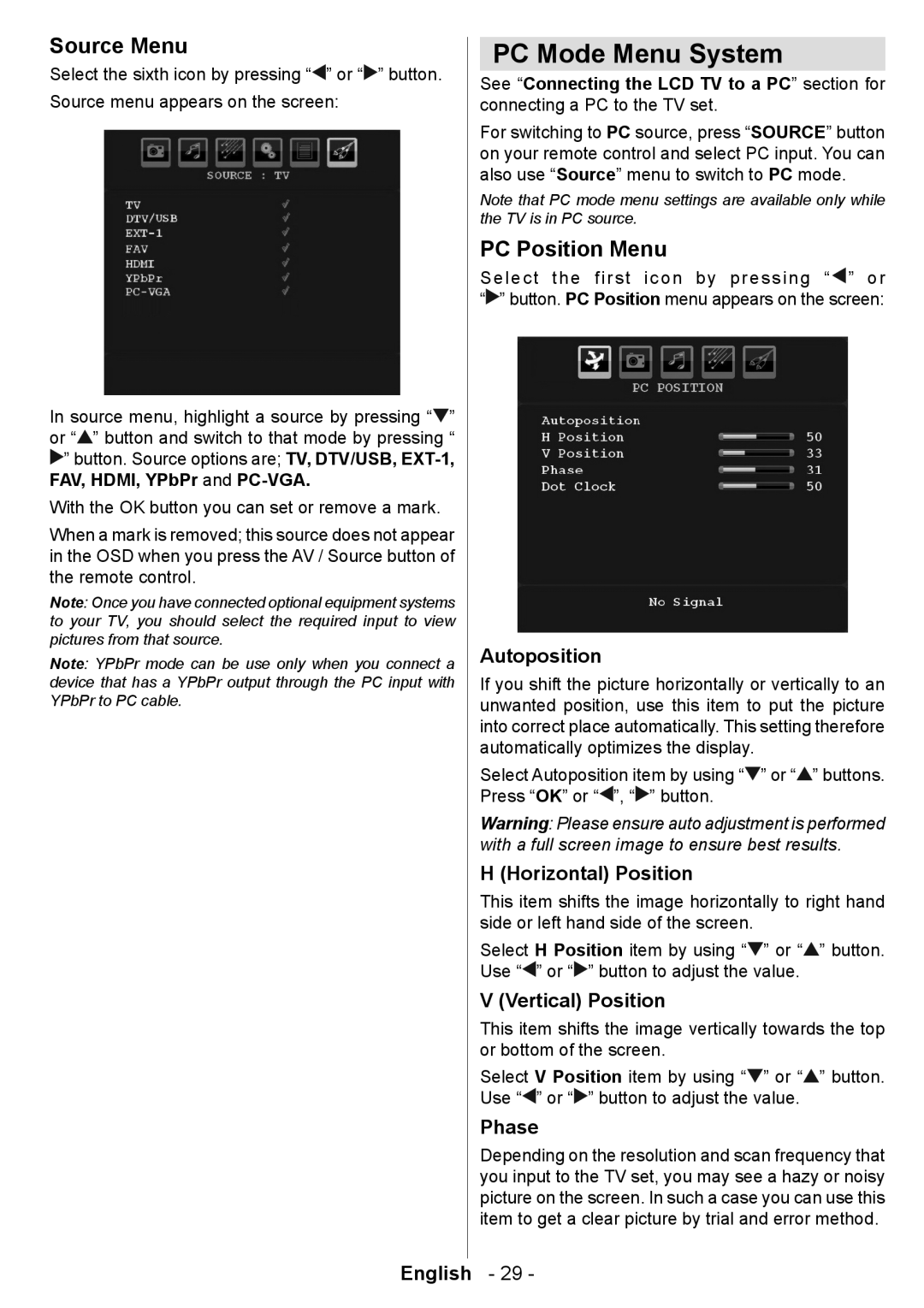 Technika LCD19-915 manual PC Mode Menu System, Source Menu, PC Position Menu 