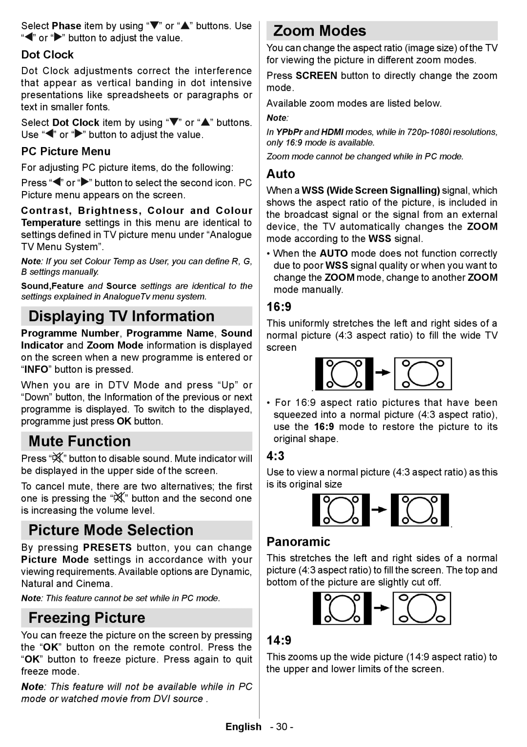 Technika LCD19-915 manual Displaying TV Information, Mute Function, Picture Mode Selection, Freezing Picture, Zoom Modes 