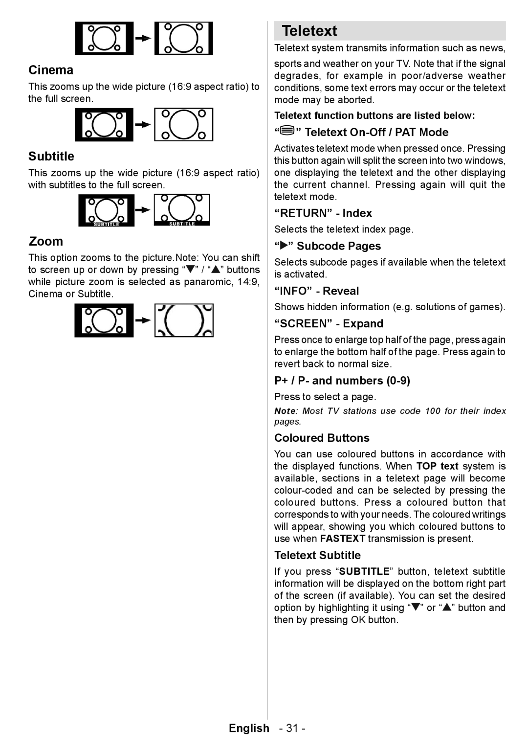 Technika LCD19-915 manual Teletext, Cinema, Subtitle, Zoom 