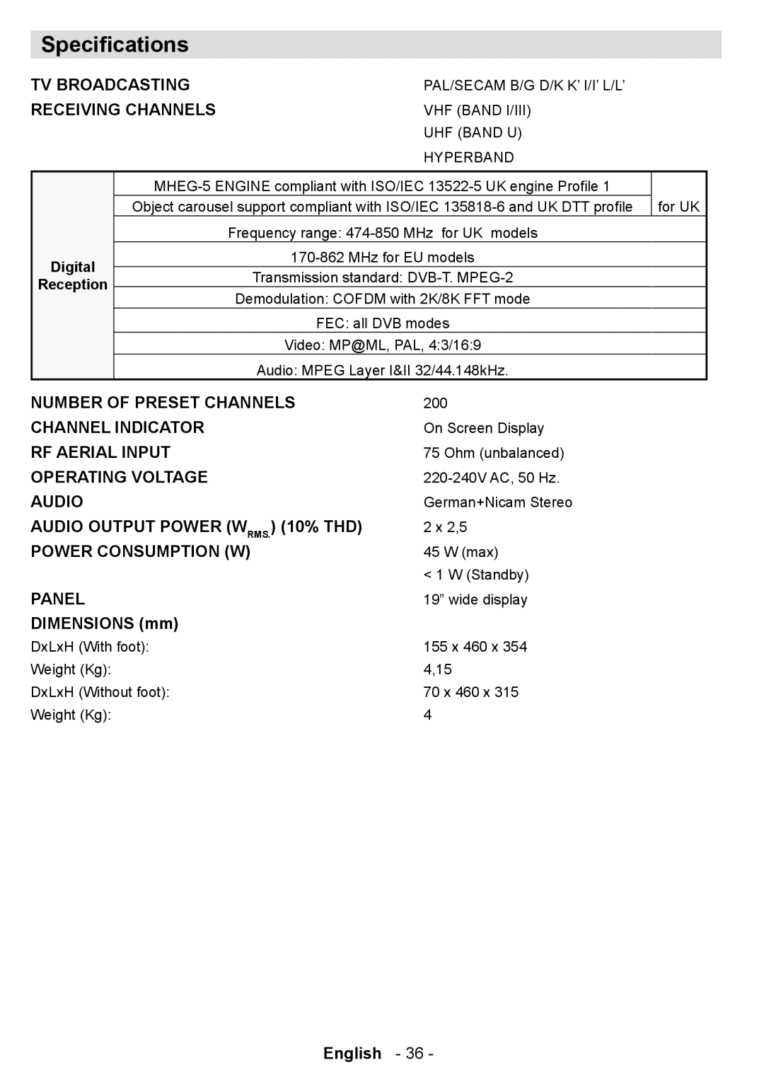 Technika LCD19-915 manual Speciﬁcations, Dimensions mm, Digital 