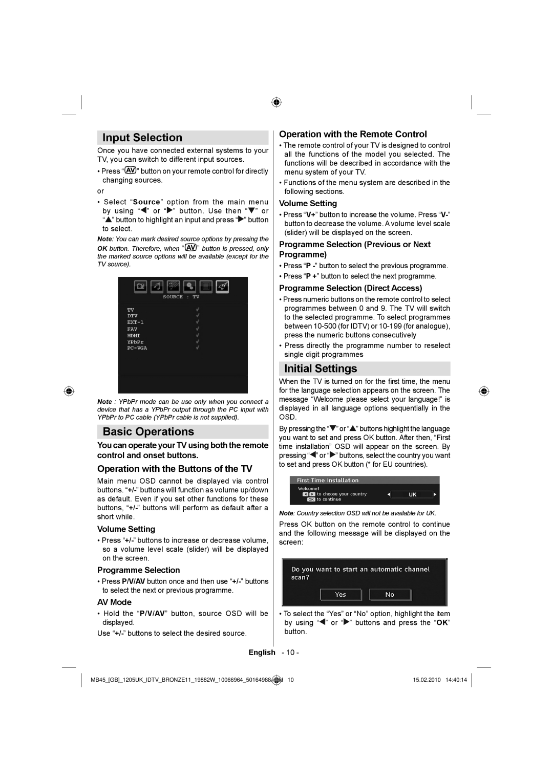 Technika LCD19-919 manual Input Selection, Basic Operations, Initial Settings, Operation with the Buttons of the TV 