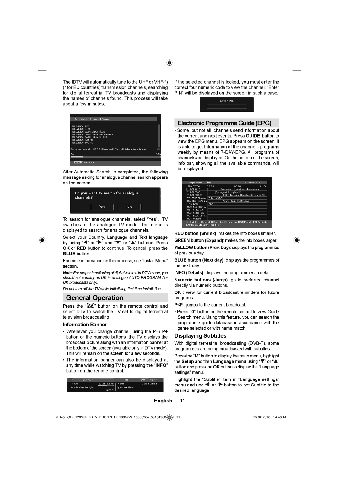 Technika LCD19-919 manual General Operation, Displaying Subtitles, Information Banner 