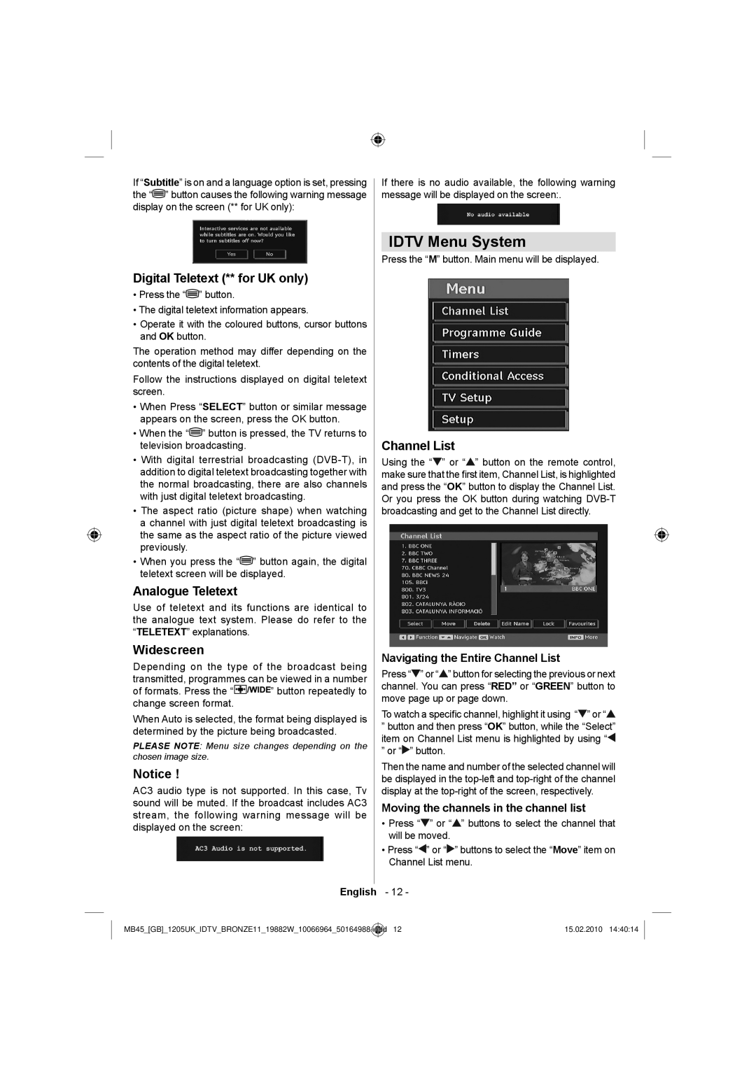 Technika LCD19-919 manual Idtv Menu System, Digital Teletext ** for UK only, Analogue Teletext, Widescreen, Channel List 