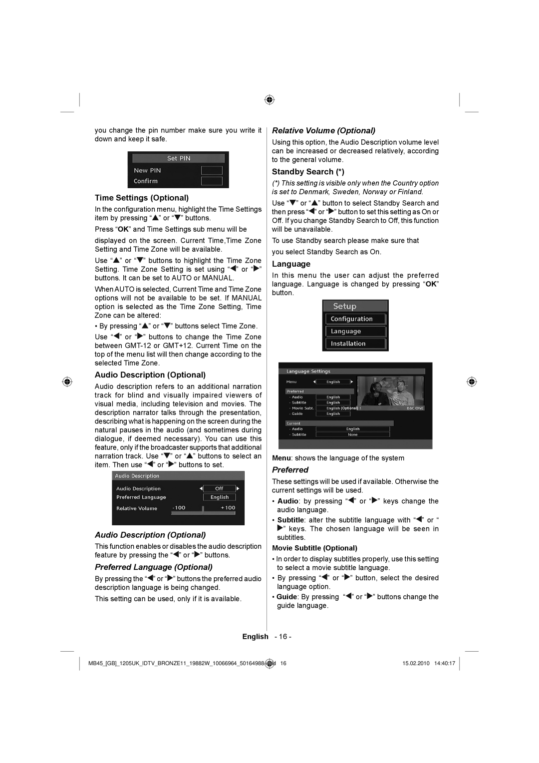 Technika LCD19-919 manual Audio Description Optional, Preferred Language Optional, Relative Volume Optional 