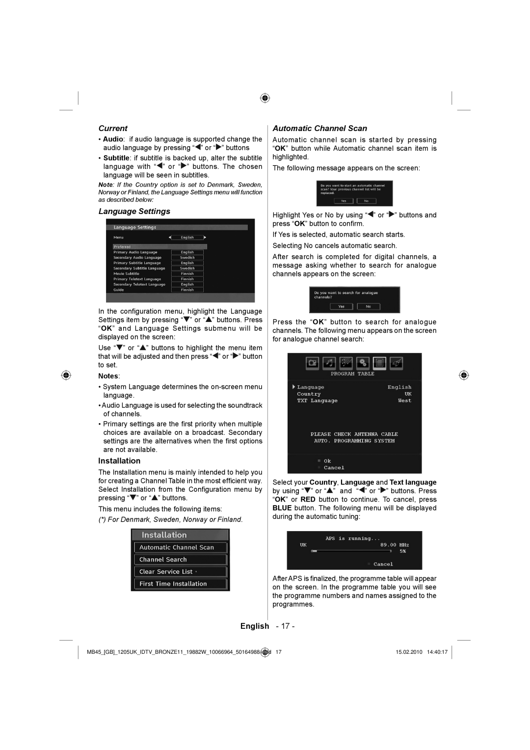 Technika LCD19-919 manual Current, Language Settings, Installation, Automatic Channel Scan 